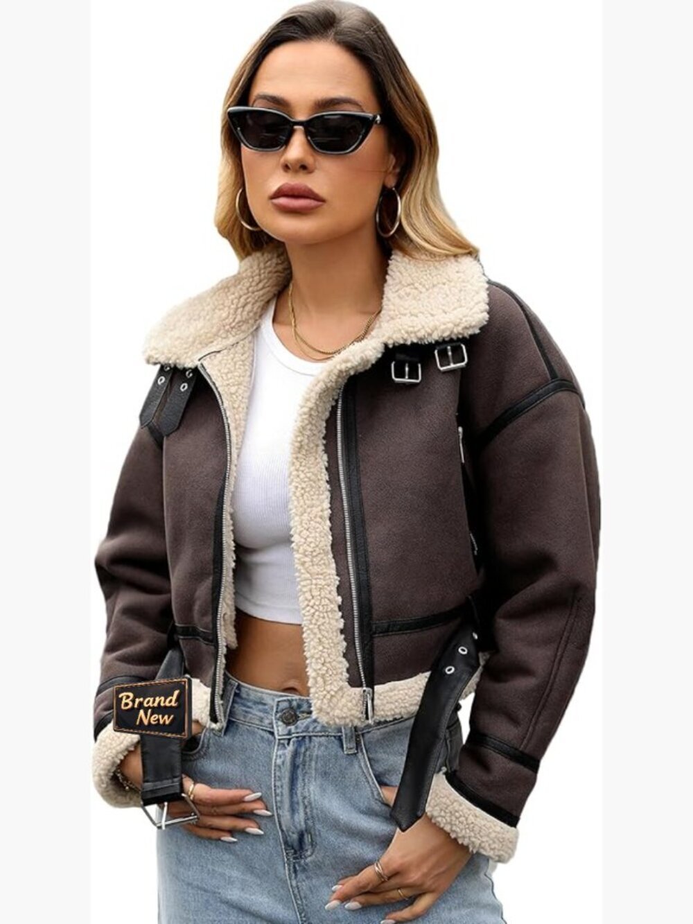 Vintage Faux Lamb Fur Leather Short Jacket Bomber Aviator Coat